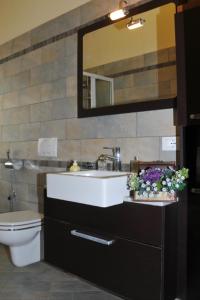 ein Badezimmer mit einem Waschbecken, einem WC und einem Spiegel in der Unterkunft Villa Stefano in Crone