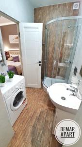 a bathroom with a washing machine and a sink at DeMar Apart Violet in Lviv