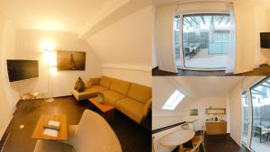 twee foto's van een woonkamer met een bank bij MeerBlickD21 in Norderney