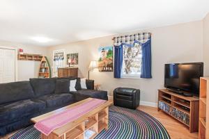 un soggiorno con divano e TV a schermo piatto di Lucky Stone Cottage a Tremont