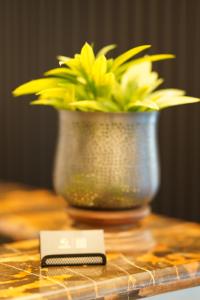 una mesa con un jarrón con flores amarillas y un mando a distancia en Jephson Hotel & Apartments en Brisbane