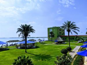 a park with palm trees and blue umbrellas at Flamingo Beach Hotel in Umm Al Quwain