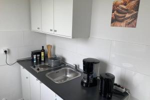 uma cozinha com um lavatório e uma bancada em 1 Zi-Whg, Netflix, Wifi, Küche, 15min zum Zentrum em Leipzig