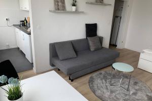 uma sala de estar com um sofá e uma mesa em 1 Zi-Whg, Netflix, Wifi, Küche, 15min zum Zentrum em Leipzig