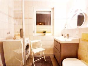 a bathroom with a sink and a washing machine at Ferienwohnung Hugo in Zempin +23 photos