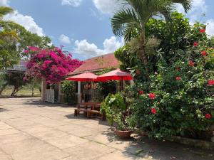 a patio with tables and red umbrellas and flowers at Hiep Thanh Resort in Phú Quốc