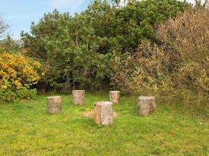 a group of tree stumps sitting in the grass at 8 person holiday home in Harbo re in Harboør