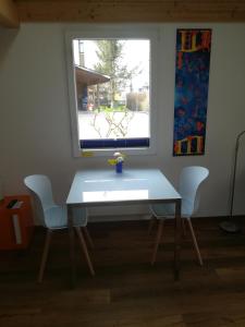 einen Tisch und zwei Stühle in einem Zimmer mit Fenster in der Unterkunft Montanara in Meiringen