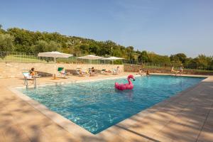 a swimming pool with a pink swan in the water at Catignano Hotel Ristorante in Gubbio