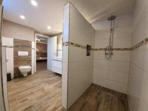 un baño con ducha y WC en Haus Danny, en Rust 12 fotos más