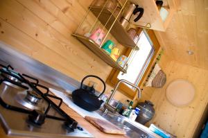 a kitchen with a stove top in a tiny house at Le Petit Rias en Roulotte, 4 personnes, coin cuisine et cabinet de toilette in Saint Maurice en Chalencon