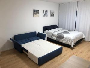 - un salon avec un canapé et un lit dans l'établissement Apartment Augsburg Mitte, à Augsbourg