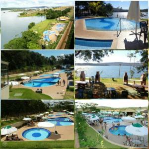 a collage of four pictures of a pool at Aldeia do Lago C405-churrasqueira, bebidas liberadas nas piscinas, internet no ap, rampa de acesso ao lago, recarga carro elétrico, pesqueiro in Caldas Novas