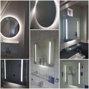 a collage of photos of a bathroom with a mirror at De Vier Seizoenen in Renesse