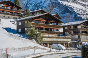 a building in the snow with a car parked in front at Apartment Schönegg - GRIWA RENT AG in Grindelwald