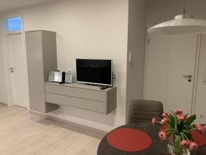 a living room with a television and a table at Ferienwohnung Susanne in Bad Krozingen