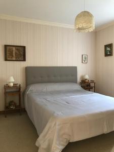 Ce lit se trouve dans une chambre dotée de 2 tables et d'un lustre. dans l'établissement Laraon, maison à Pouldreuzic, à Pouldreuzic