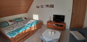 a small bedroom with two beds and a tv at Ferienwohnung Leopold-Risch in Ralswiek
