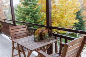 a wooden table with a potted plant on a balcony at hostel lake plastira in Kalyvia