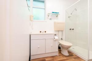 a white bathroom with a toilet and a shower at Silver Hills Motel in Queenstown