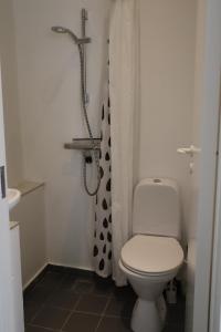 a bathroom with a toilet and a shower curtain at Charming Red Courtyard Apartment in Copenhagen