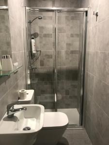 ein Badezimmer mit Dusche, Toilette und Waschbecken in der Unterkunft PR Paz de Agra in Santiago de Compostela