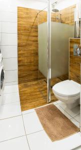 a bathroom with a toilet and a glass shower at Apartament Gosia in Nysa