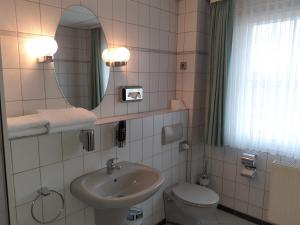 a bathroom with a sink and a toilet and a mirror at Edit Pension Rossau in Rossau