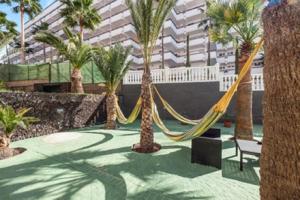 un'amaca in un cortile con palme e un edificio di Olimpia 3 a Playa de las Americas