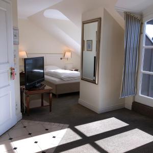 um quarto com uma cama, uma televisão e um espelho em Hotel Scherf em Bad Lippspringe