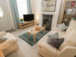 a living room with a cat sitting on a couch at Hazelmere Cottage in Worksop