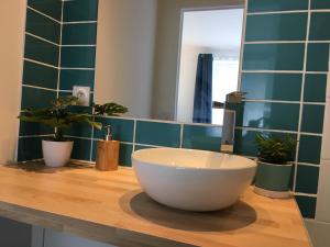 a bathroom with a white bowl sink on a wooden counter at Ardeche2coeur in Marcols-les-Eaux +46 photos