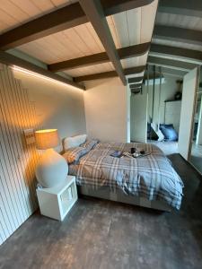 a bedroom with a bed with a lamp and a mirror at CASCINA SERRA ECO-HOUSE beb in Muzzano