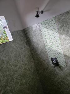 a shower with a green tiled floor and a fan at Hotel Chalé Ji-Parana in Ji-Paraná
