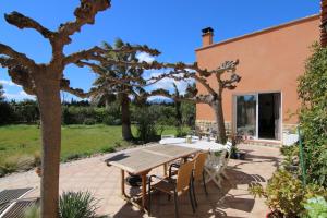 a patio with a table and chairs and trees at Mas Uranie in Le Soler