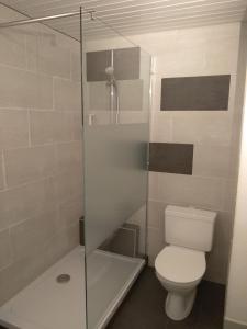 ein Bad mit einem WC und einer Glasdusche in der Unterkunft Kiki's B&B in Basel