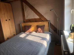 sypialnia z łóżkiem i lampką w pokoju w obiekcie Apartament przy Rynku 2 w mieście Połczyn-Zdrój
