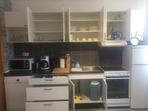 una pequeña cocina con armarios blancos y fregadero en Privé appartement in de buurt van Brussel, en Asse