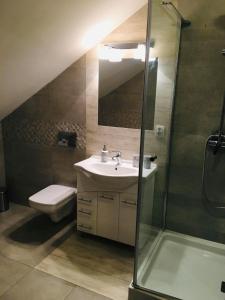 a bathroom with a sink and a shower and a toilet at Hostel LaGoya z Restauracją in Nielisz