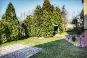 un patio con dos árboles grandes y una valla en Pokoje gościnne, en Stradunia