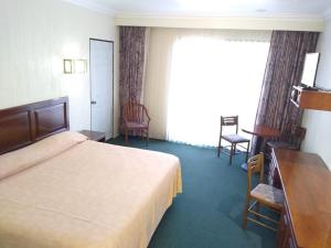 Cette chambre comprend un lit, un bureau et une fenêtre. dans l'établissement HOTEL JERICO, à Zamora de Hidalgo