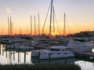 a group of boats docked in a marina at sunset at B&B Villa Rocchi in Rimini