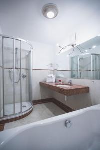 een badkamer met een bad, een douche en een wastafel bij Hotel Alpenhof in Rasùn di Sotto