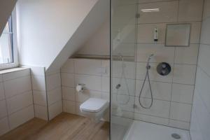 a bathroom with a shower and a toilet at Hotel van Lendt garni in Dülmen