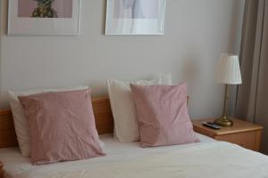 a bedroom with a bed with pink and white pillows at Apart SKY Residence Villa in Boleč