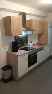 a kitchen with wooden cabinets and a stove top oven at Haus Harzland in Wernigerode