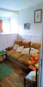 una sala de estar con un sofá marrón en una habitación en Ferme de l'Art Rural et Populaire, en Maillot