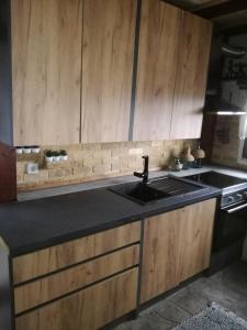 a kitchen with a sink and wooden cabinets at Villa Haris in Sarti