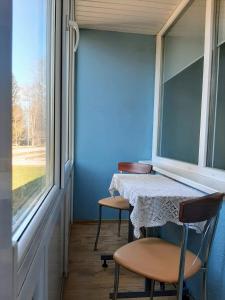 a table and two chairs in a room with a window at Irene apartments in Druskininkai