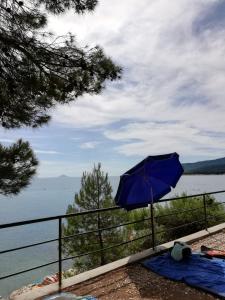 a blue umbrella sitting on a fence next to the water at Apartments Mare Losinjska 16 in Rabac